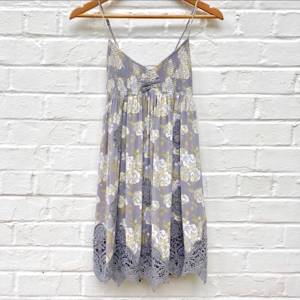 Free People Sky Gray Floral Embroidered Sun-Dress